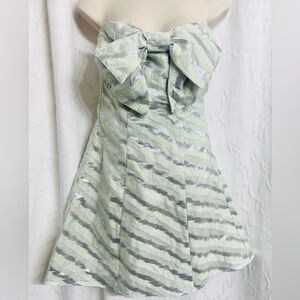 Eva Franco Metallic Silver-Lime Green with Geometric Bow Strapless Mini Dress 8